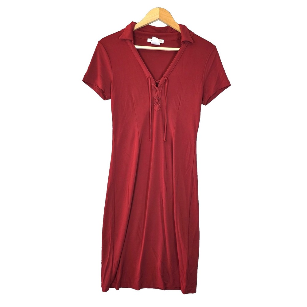 Vtg Nine West Midi Dress Red Lace Up V-Neck Y2K 90s Whimsi Goth Grunge Small